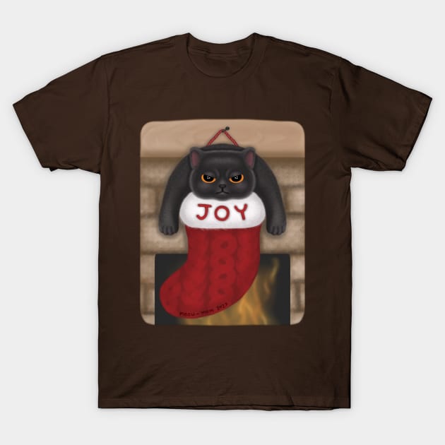 Grumpy Black Cat in Joy Christmas Stocking T-Shirt by meow-mom